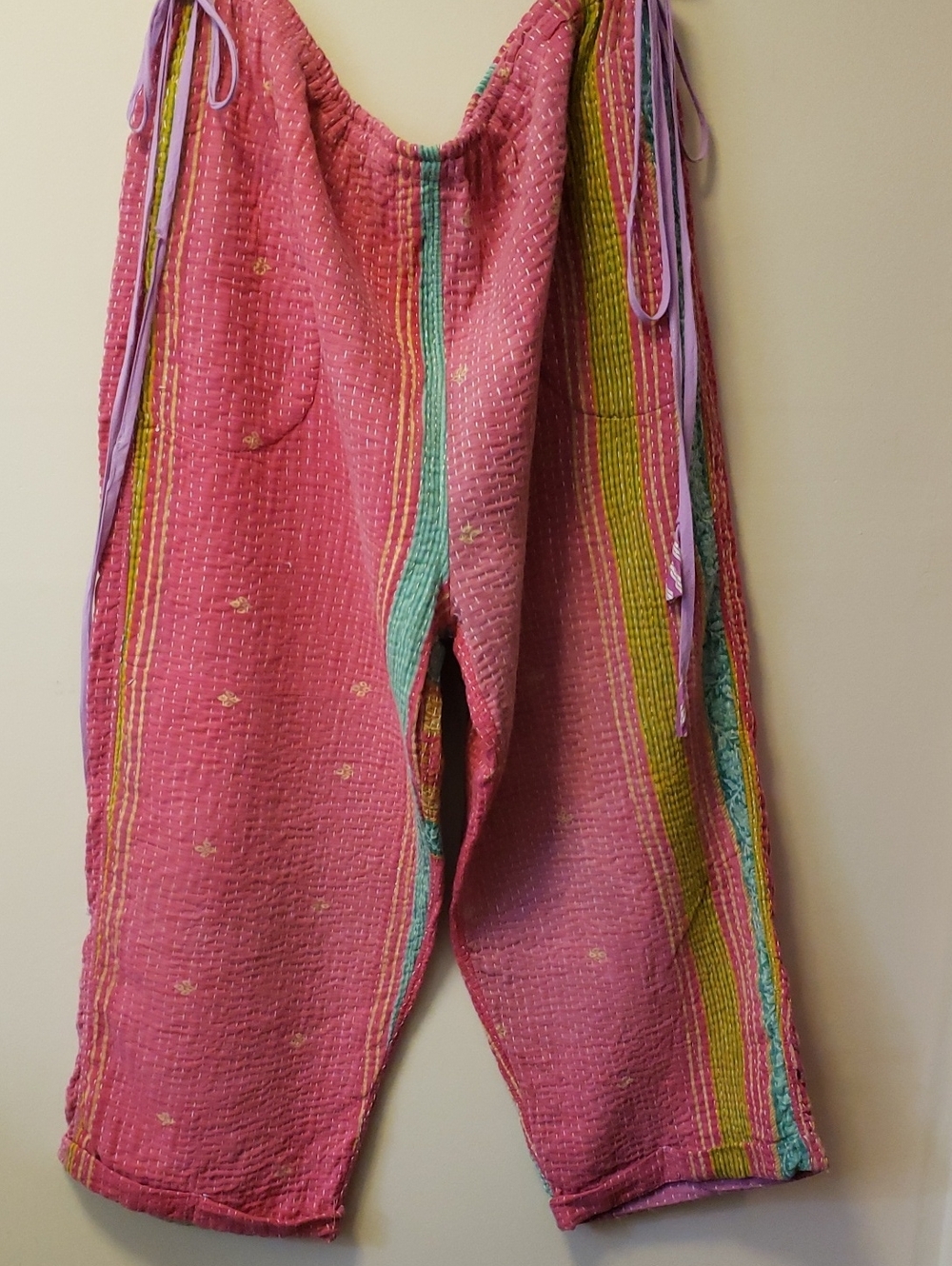New Artisan Made Boho Cotton Kantha Pink Stripe Straight-Leg Pants With Side Tie